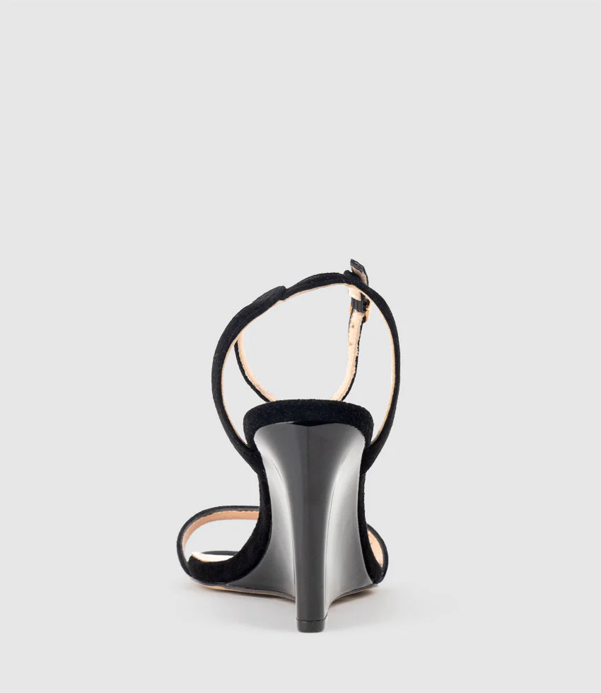 SHANIA90 Single Strap Sandal on Wedge in Black Suede - Image 4