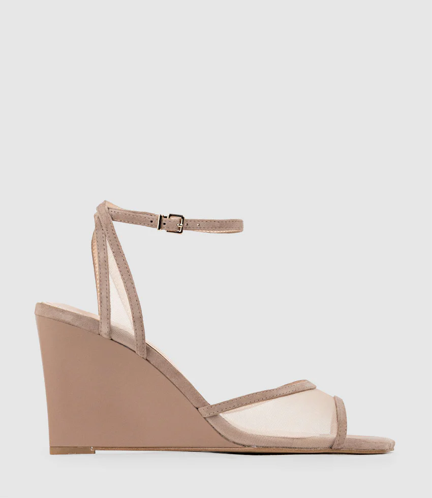 SHANTEL90 Mesh Sandal on Wedge in Nude Suede