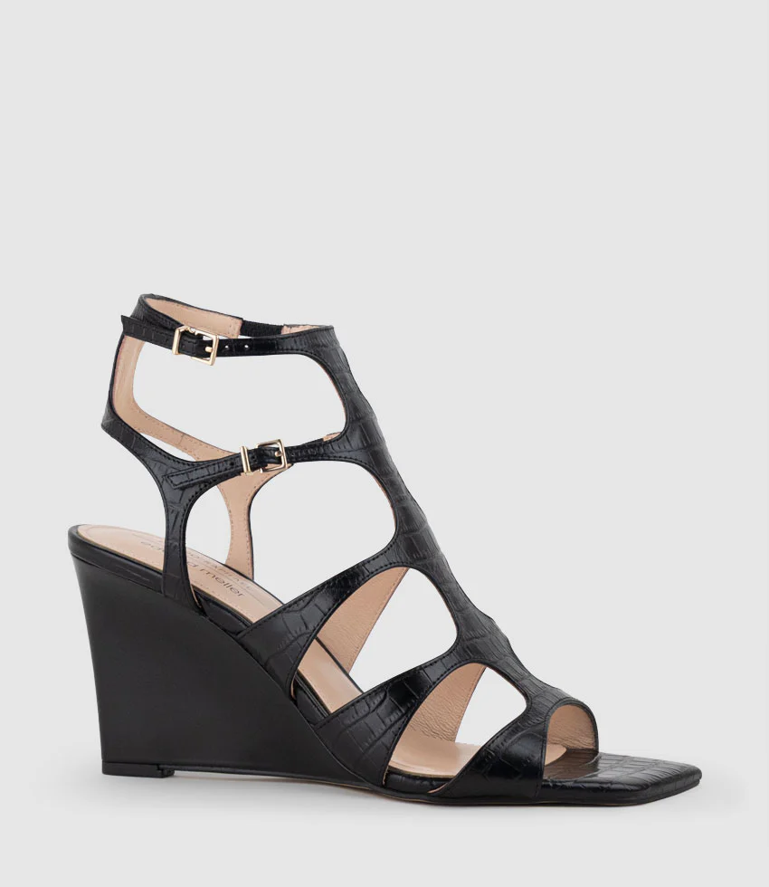 SHERA90 Gladiator Sandal on Wedge in Black Croc Print - Image 2