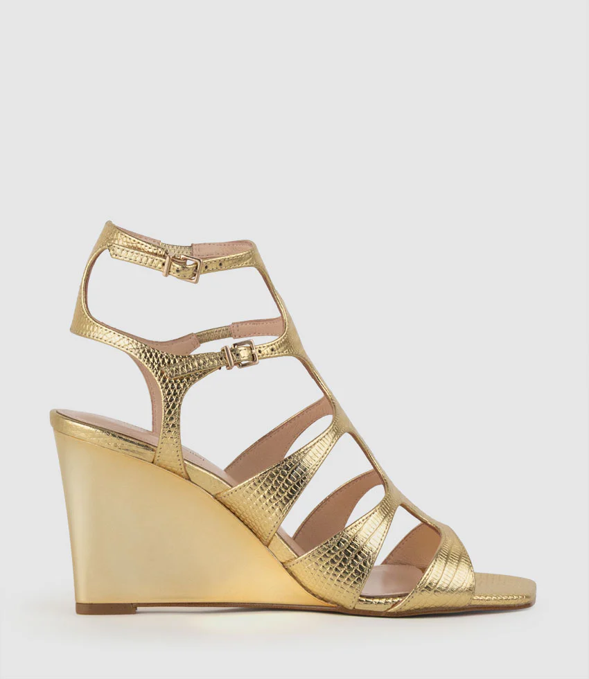 SHERA90 Gladiator Sandal on Wedge in Gold Tejus Lizard Print