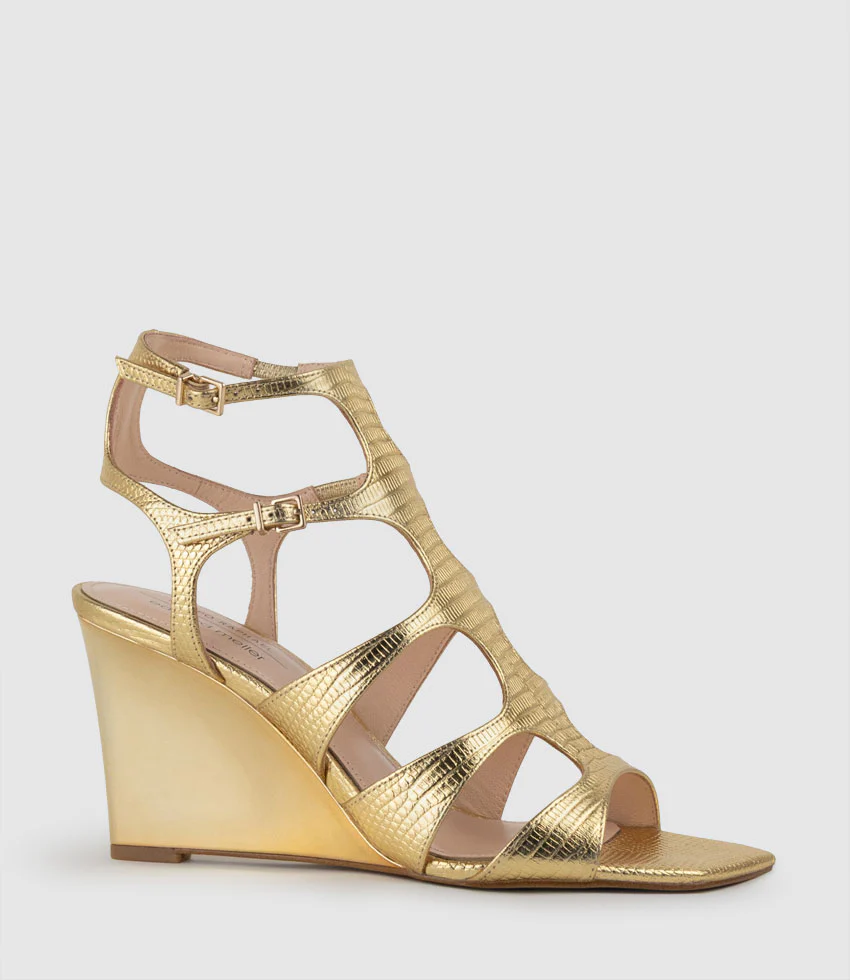 SHERA90 Gladiator Sandal on Wedge in Gold Tejus Lizard Print - Image 3