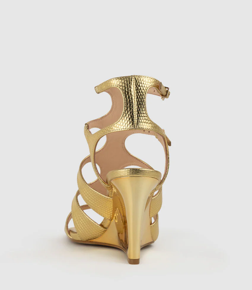 SHERA90 Gladiator Sandal on Wedge in Gold Tejus Lizard Print - Image 4