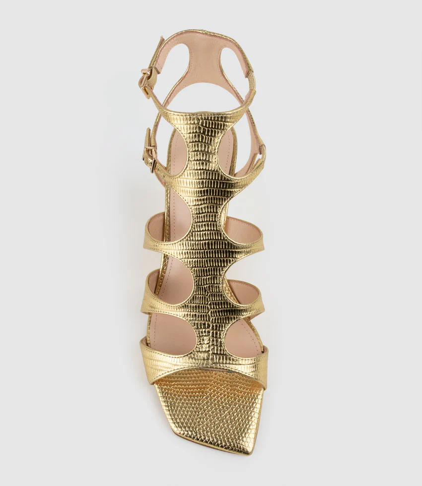 SHERA90 Gladiator Sandal on Wedge in Gold Tejus Lizard Print - Image 5