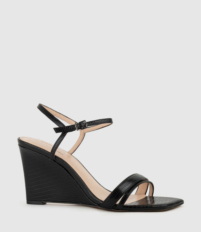 SHILO90 Split Strap Sandal on Wedge in Black Tejus Lizard Print - Image 2