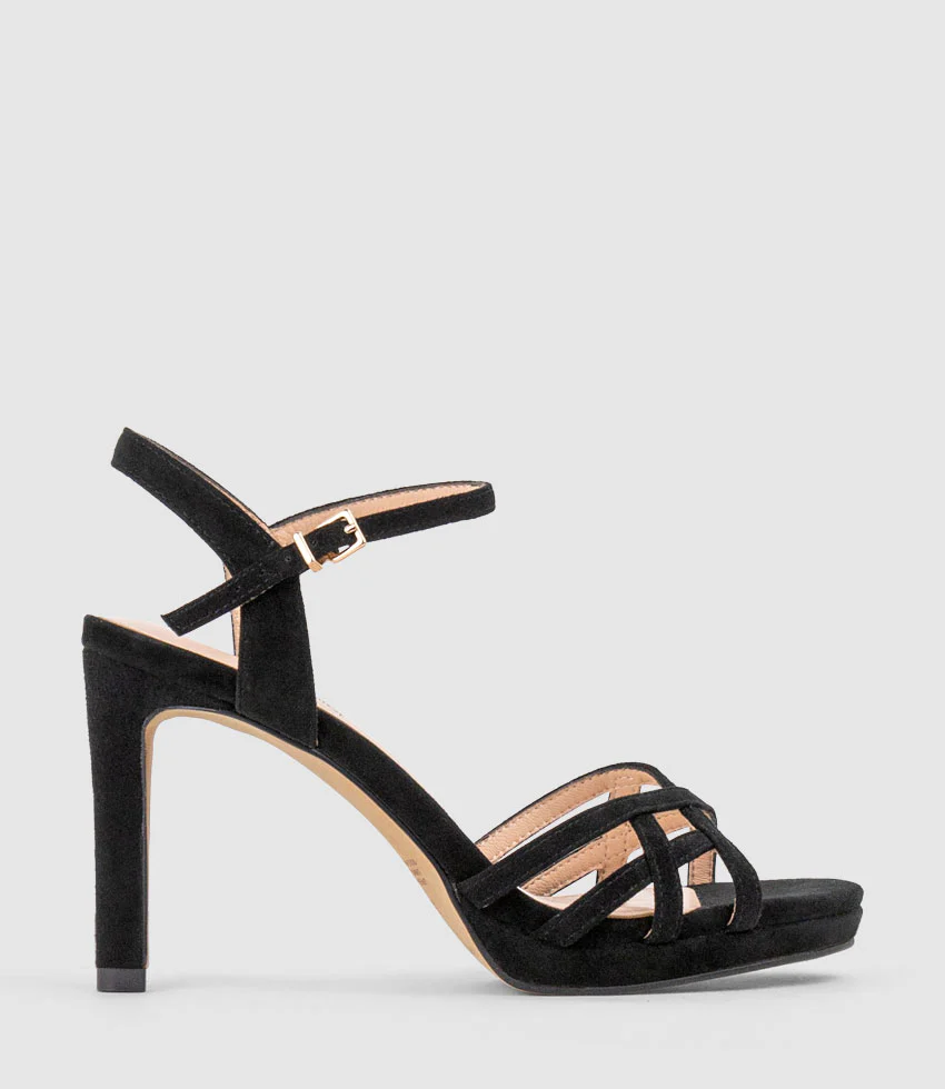 SWIFT90 Lattice Front Platform Sandal in Black Suede
