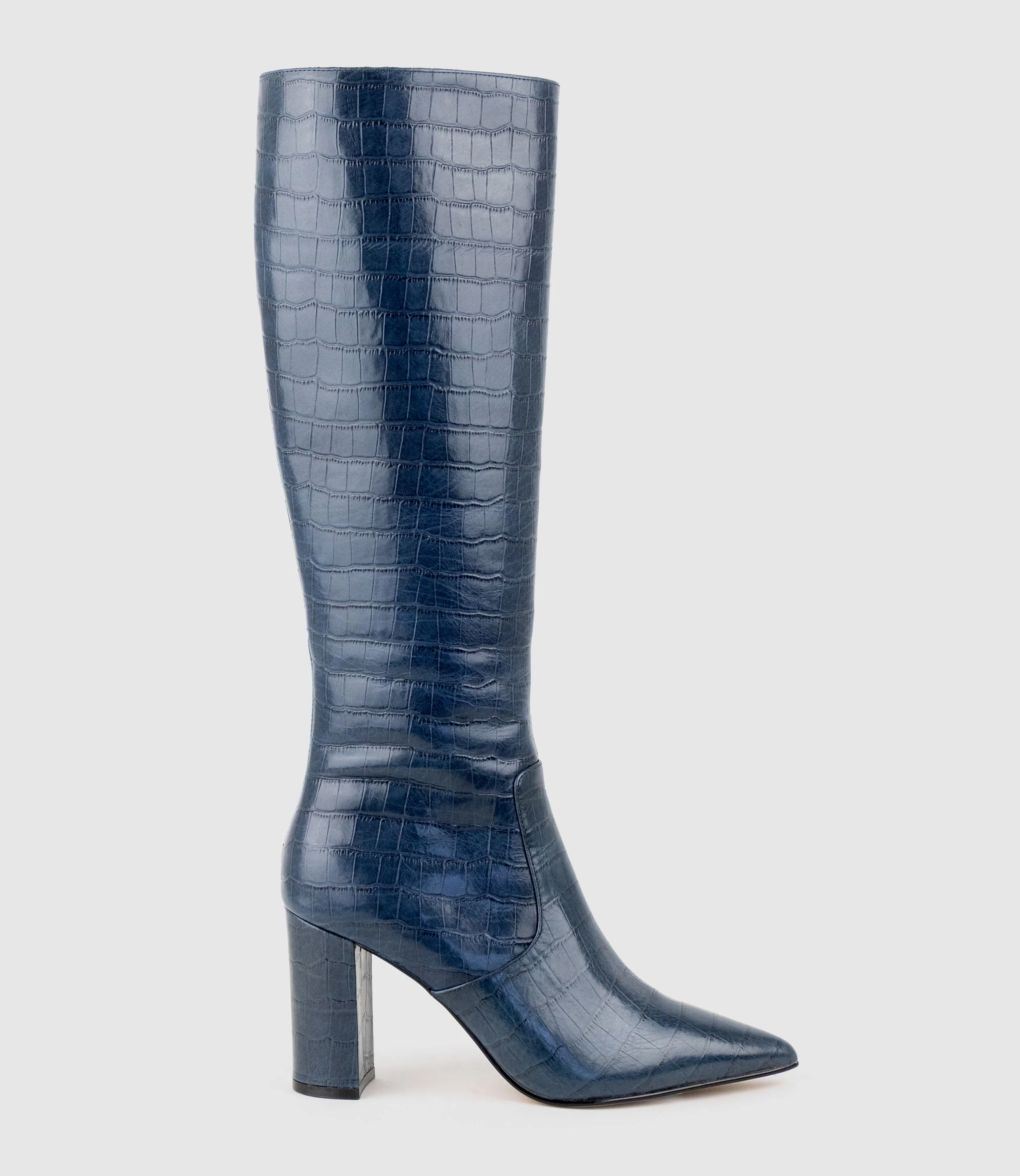 VAIN85 Knee High Boot in Blue Croc Print Calf