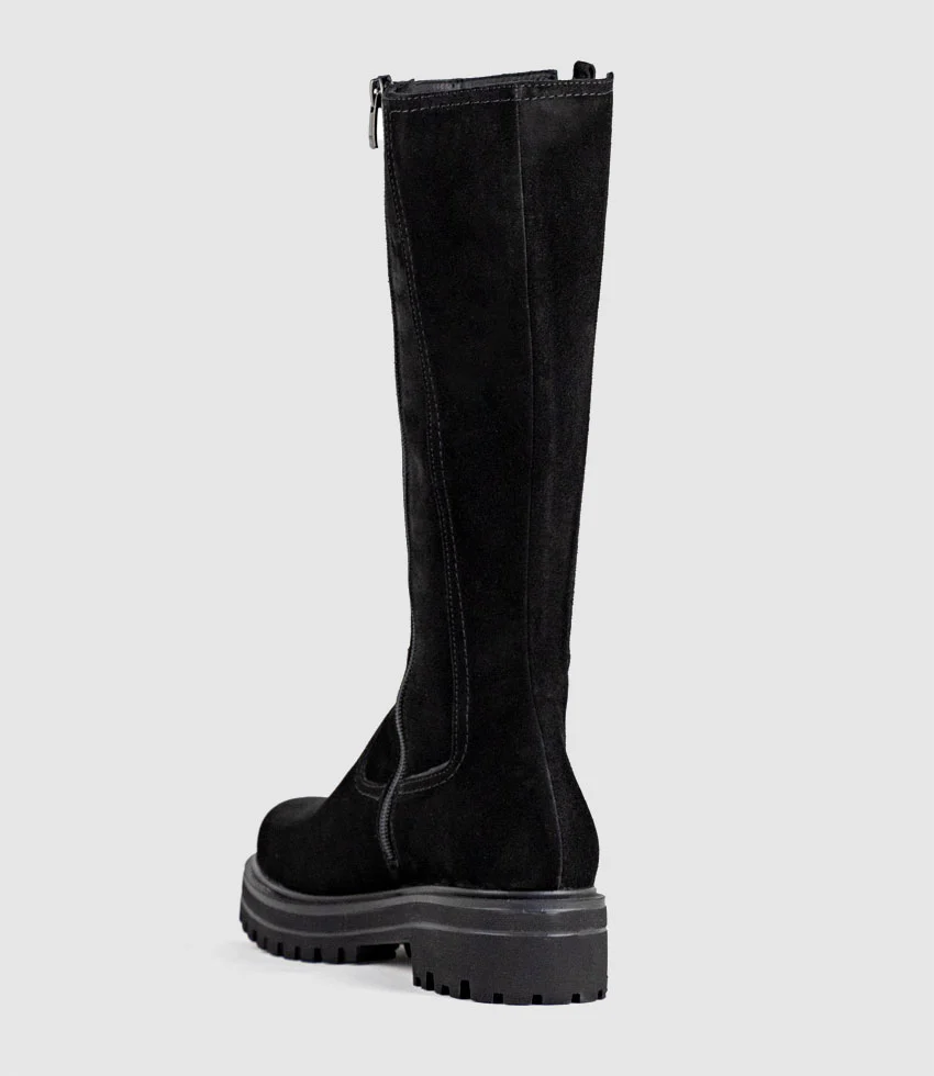 VERNE Knee High Boot with Gusset in Black Suede - Image 3