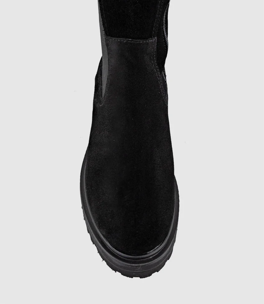 VERNE Knee High Boot with Gusset in Black Suede - Image 4