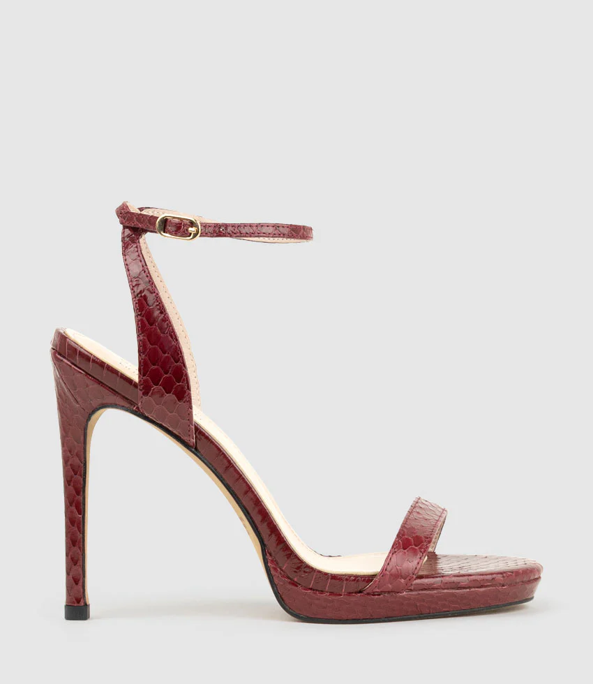 WHISPER110 Single Strap Platform Sandal in Black Cherry Snake
