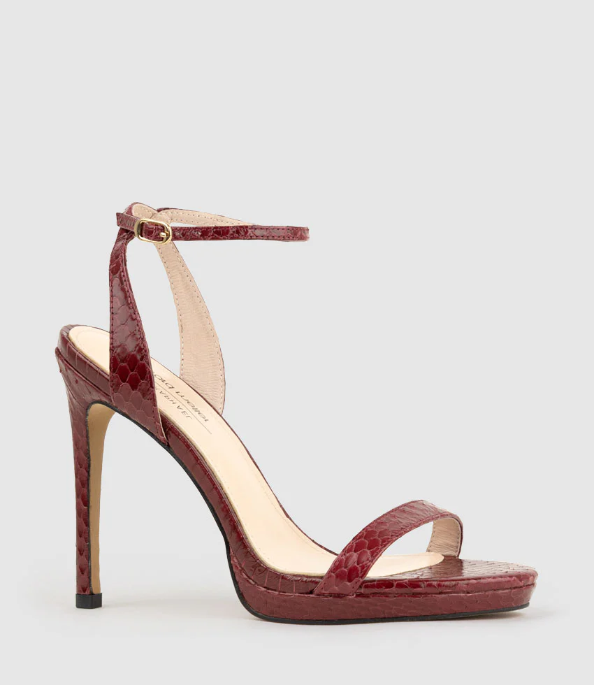 WHISPER110 Single Strap Platform Sandal in Black Cherry Snake - Image 3