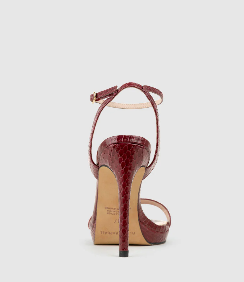 WHISPER110 Single Strap Platform Sandal in Black Cherry Snake - Image 4