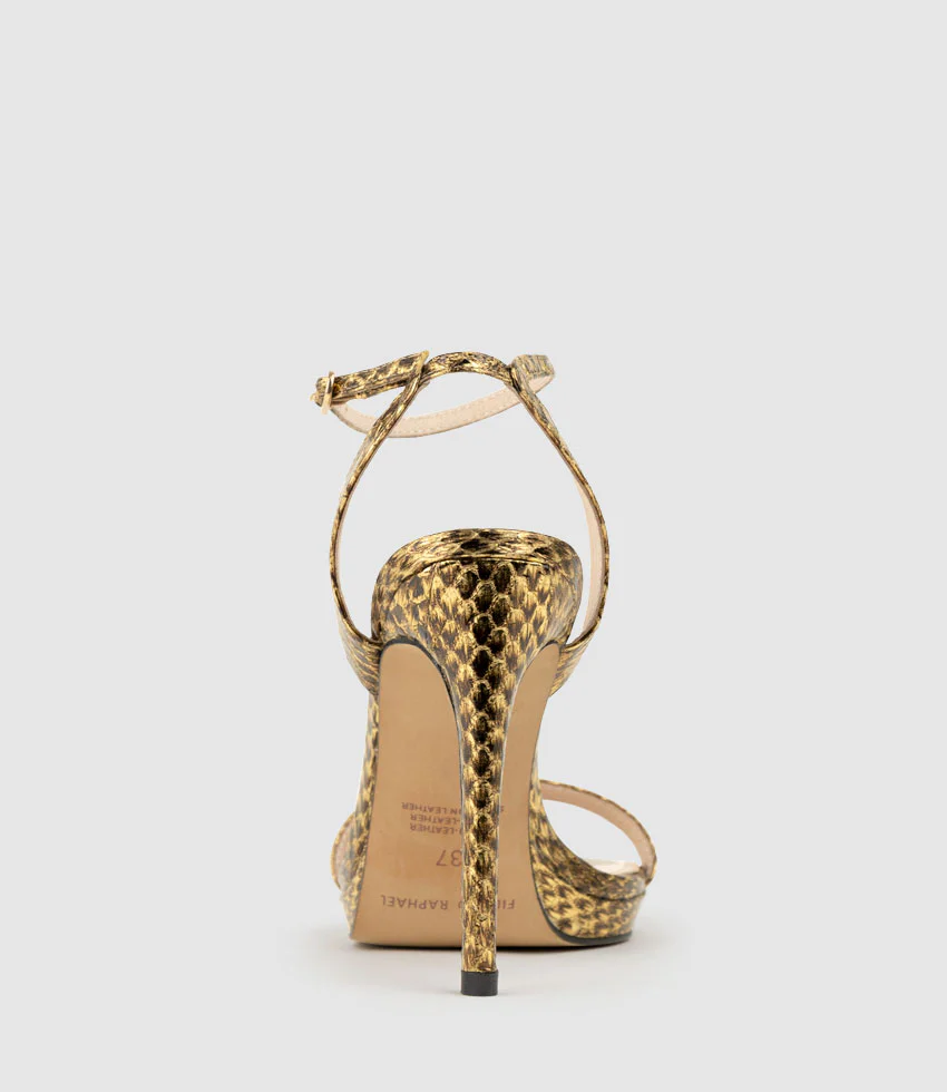 WHISPER110 Single Strap Platform Sandal in Brass Snake - Image 4