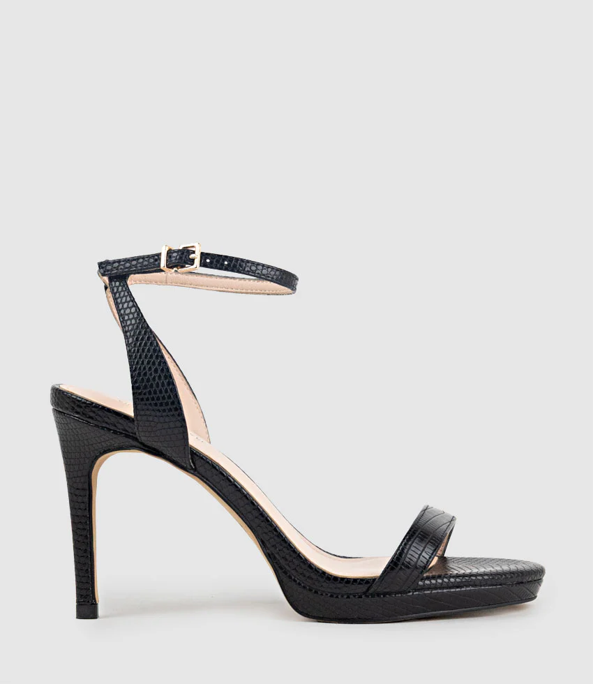 WHISPER90 Single Strap Platform Sandal in Black Tejus Lizard Print