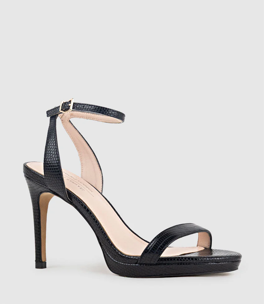 WHISPER90 Single Strap Platform Sandal in Black Tejus Lizard Print - Image 3