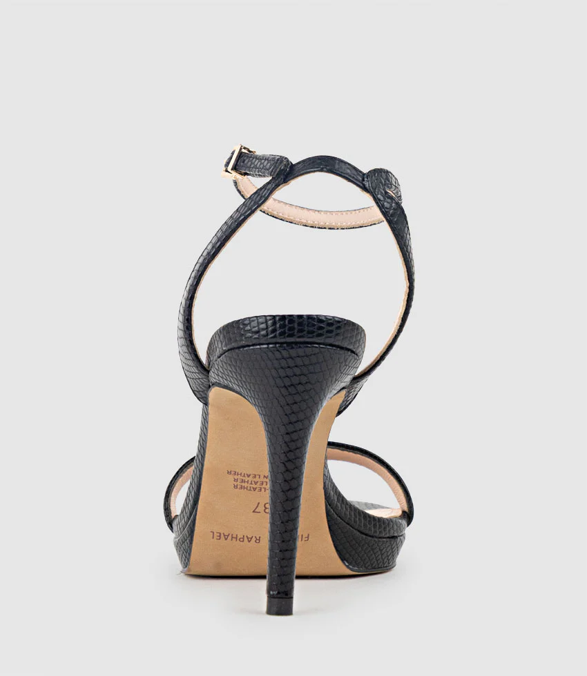 WHISPER90 Single Strap Platform Sandal in Black Tejus Lizard Print - Image 4