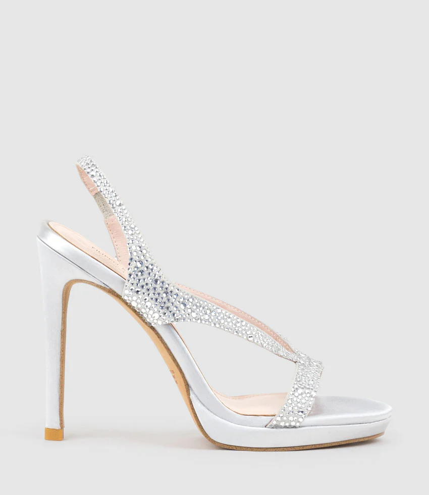 WONDER110 Jewelled Platform Sandal in Silver Satin