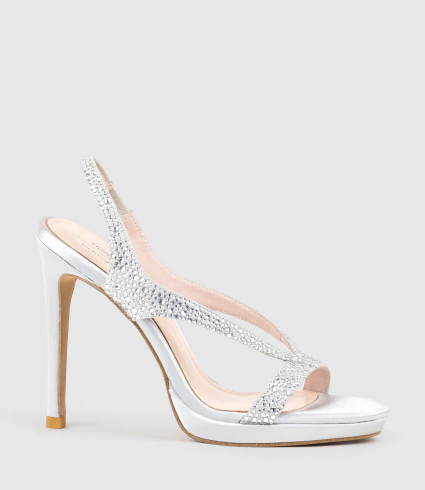 WONDER110 Jewelled Platform Sandal in Silver Satin - Image 3