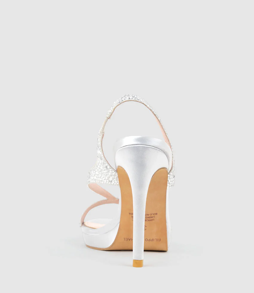 WONDER110 Jewelled Platform Sandal in Silver Satin - Image 4