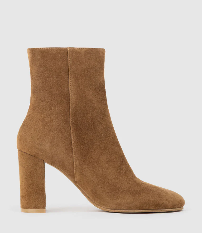 XADIA85 Block Heel Ankle Boot in Tan Suede