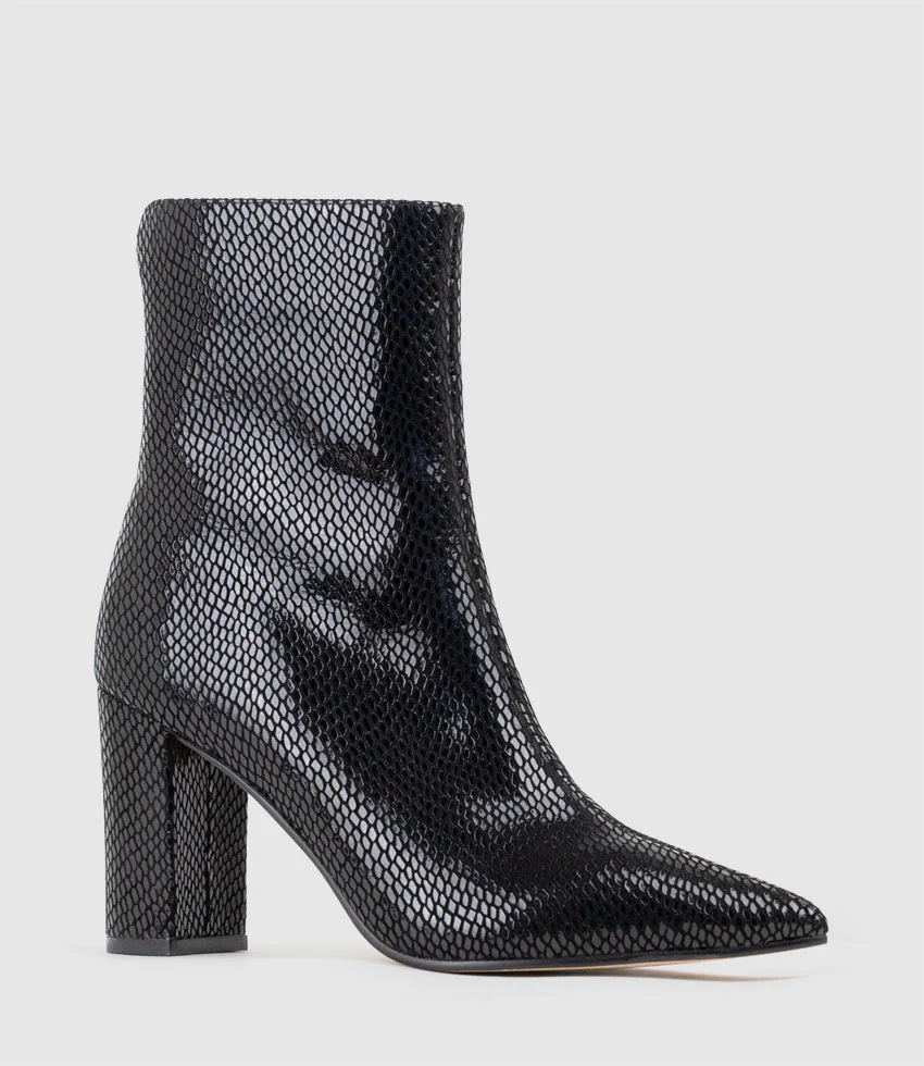 ZIARA85 Block Heel Ankle Boot in Black Snake Print Suede - Image 2