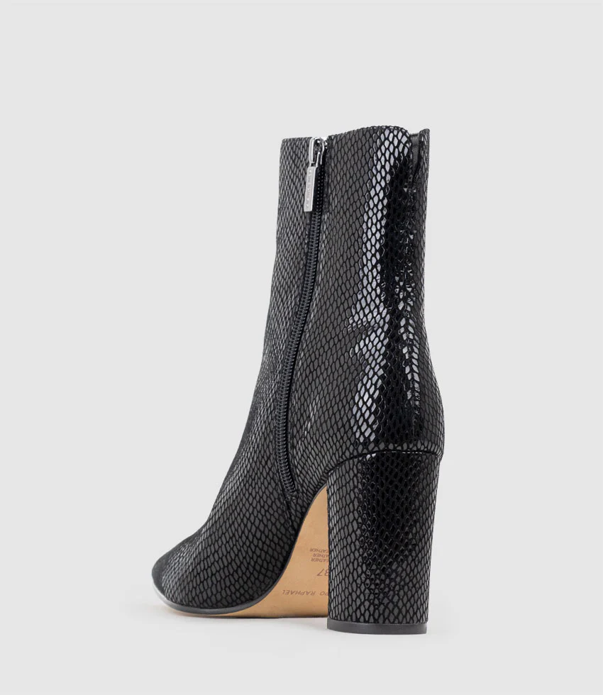 ZIARA85 Block Heel Ankle Boot in Black Snake Print Suede - Image 3