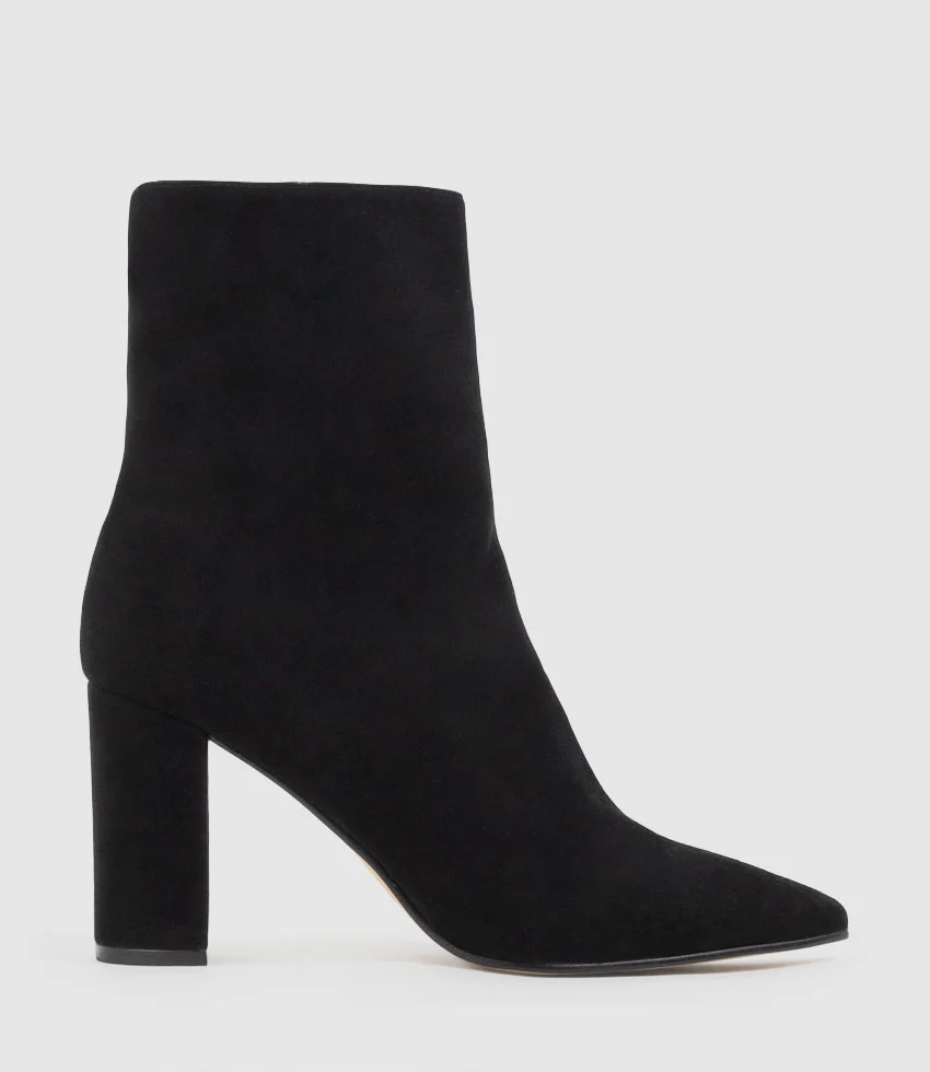 ZIARA85 Block Heel Ankle Boot in Black Suede